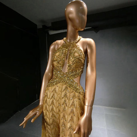 Gold Luxury Jumpsuit Evening Dresses Gowns 2025 Beaded Sexy Overskirt For Women Party LA71505