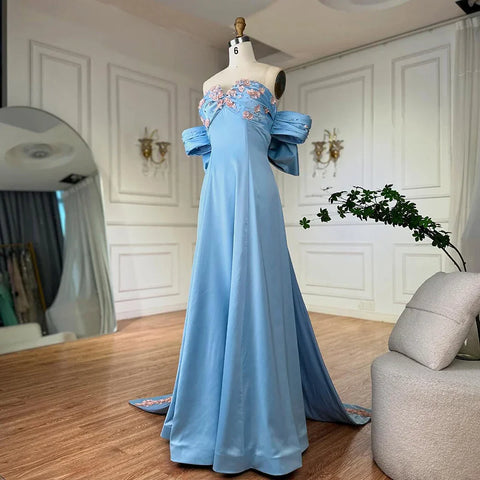 2025 Arabic Strapless Blue Beaded A-Line Saudi Evening Gown for Formal Occasion LA72792