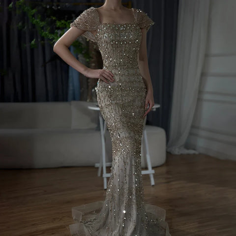 Arabic White Luxury Dubai Mermaid Evening Dress with Cap Sleeves LA72714