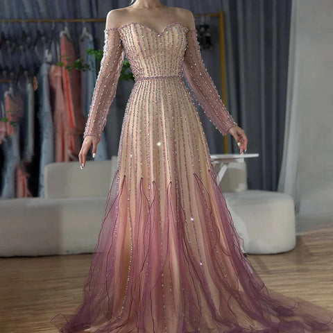 2025 Arabic Purple Elegant A-Line Beaded Long Evening Dresses Gowns for Formal Occasion LA72752