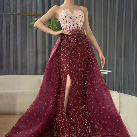 Vestido de fiesta sirena azul con abertura alta, falda, escote corazón, sin tirantes, con cuentas, para mujer, de noche, 2025 LA71796 