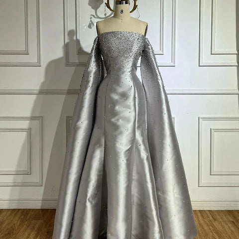 2025 Luxury Off Shoulder A Line Gray Satin Evening Gown Pearl Beaded for Formal Occasion LA72779