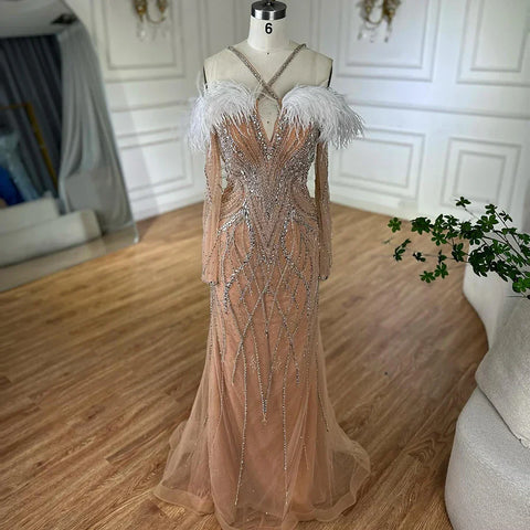 2025 Blue Feather Beaded Luxury Mermaid Evening Dresses Gowns for Women Formal Occasion LA72836