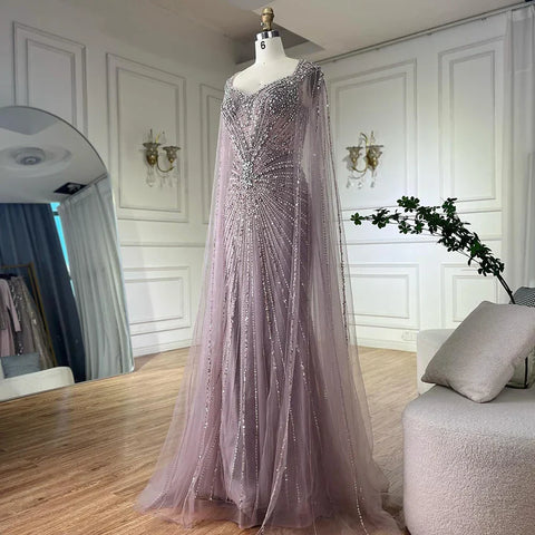 2025 Nude Cape Sleeves Beaded Saudi Arabic Evening Dresses Gowns for Formal Occasion LA72575A