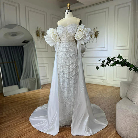 Red Long Cape Pearls Beaded Mermaid Evening Dresses Gowns For Formal Occasion 2025 LA72585A