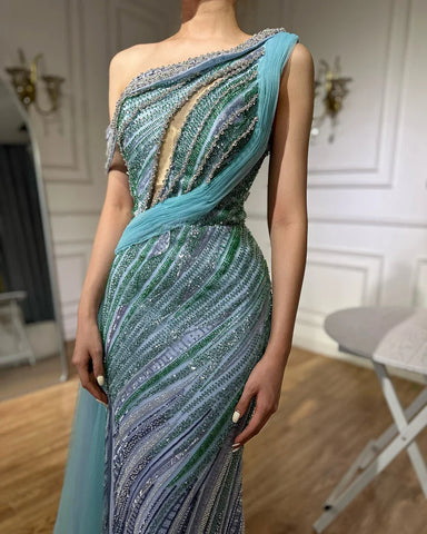 2025 Arabic One-Shoulder High Split Blue Mermaid Gown Luxury Beaded Saudi Evening Dress for Formal Occasion LA72718