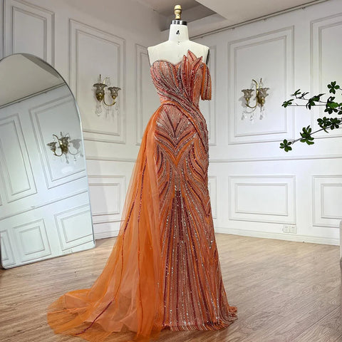 2025 Arabic Blue One Shoulder Luxury Dubai Evening Gown with Side Overskirt Beaded Dress for Women's Party LA72662