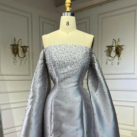 2025 Luxury Off Shoulder A Line Gray Satin Evening Gown Pearl Beaded for Formal Occasion LA72779