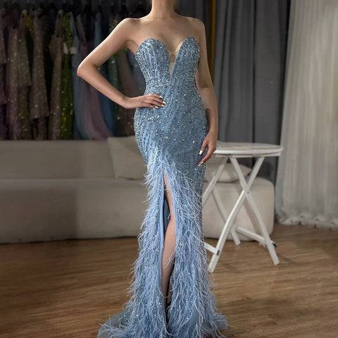 2025 Arabic Strapless Blue Beaded Feathers Luxury Dubai Evening Gowns with Side Skirt for Women Wedding party LA72695