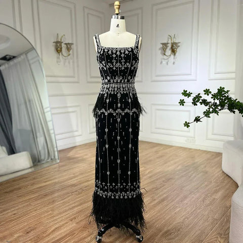 Caramel Mermaid Ankle Length Beaded Evening Dress Gown with Feathers LA71492B