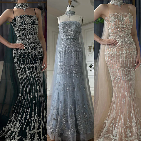 2025 Nude Beaded Spaghetti Strap Design Mermaid Evening Dresses Gowns with Long Cape for Formal Occasion LA72711