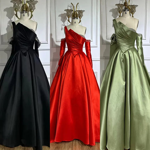 2025 Black One Shoulder Satin A Line Beaded Evening Gown with Sleevelets for Women's Party Saudi Dress LA72741