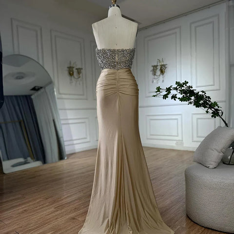 2025 Saudi Arabic Gold Elegant Strapless Evening Gown Crystal Beaded Dress for Formal Occasion LA72759