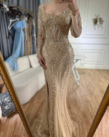 2025 Women Wedding Parties Dubai Arabia Luxury Beaded Evening Dresses Gowns Green Elegant Split Mermaid LA72518
