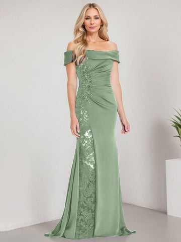 A-Line Off the Shoulder Floor-Length Mother of the Bride Dress Applique Beadings Mermaid Dress With  High Split