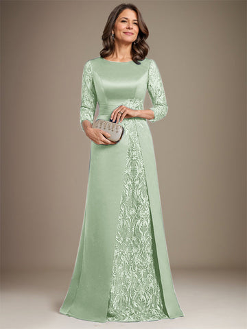 A-Line Scoop Floor-Length Lace Satin Mother Of the Bride Dress With Applique