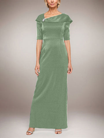 Long Shimmer Column Dress with Foldover Cuff L-Neckline and Elbow Sleeves