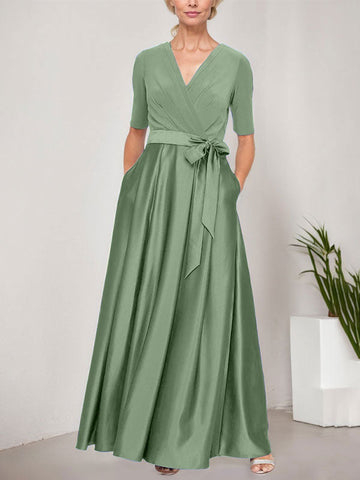 Surplice Neckline Ballgown with Full Satin Skirt & Jersey Bodice