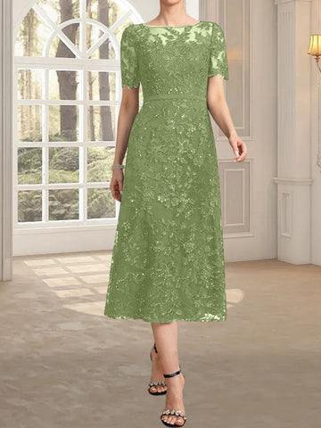 A-line Scoop Illusion Tea-Length Lace Mother of the Bride Dress With Sequins