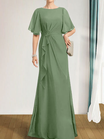 A-line Scoop Floor-Length Chiffon Mother of the Bride Dress With Cascading Ruffles Beading Sequins