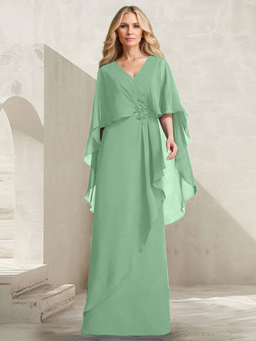 A-line V-Neck Floor-Length Chiffon Mother of the Bride Dress With Cascading Ruffles Beading
