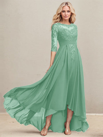 A-line Scoop Illusion Asymmetrical Lace Chiffon Mother of the Bride Dress With Pleated Sequins