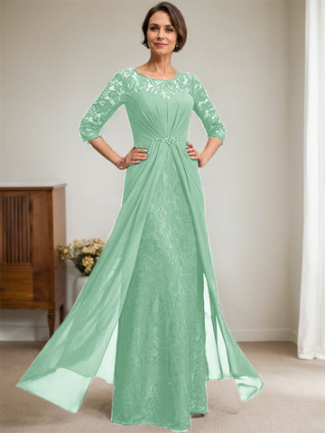 A-Line Scoop Illusion Floor-Length Lace Chiffon Mother Of the Bride Dress With Beading Ruffles
