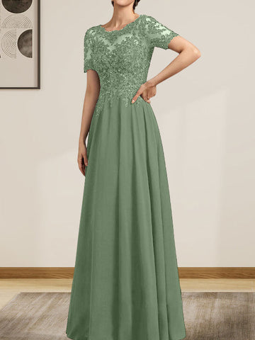 A-line Scoop Illusion Floor-Length Chiffon Lace Mother of the Bride Dress With Sequins Beading