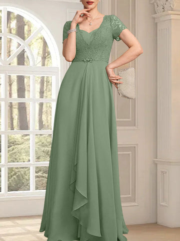 A-line Sweetheart Floor-Length Chiffon Lace Mother of the Bride Dress With Beading Cascading Ruffles