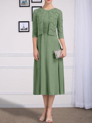 A-line Scoop Tea-Length Chiffon Mother of the Bride Dress With Pleated