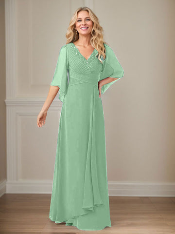 A-Line V-Neck Long Sequins Chiffon Mother Dress