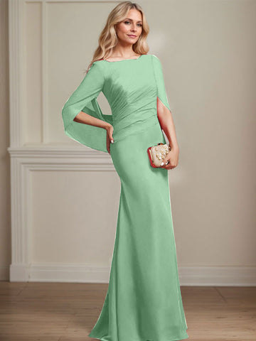 Trumpet/Mermaid Boat Neck Floor-Length Chiffon Mother of the Bride Dress With Pleated