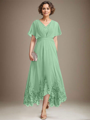 A-line V-Neck Asymmetrical Lace Chiffon Mother of the Bride Dress With Pleated