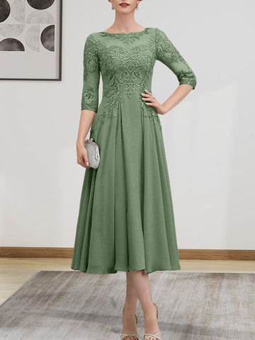 A-line Scoop Illusion Tea-Length Chiffon Lace Mother of the Bride Dress With Beading Sequins