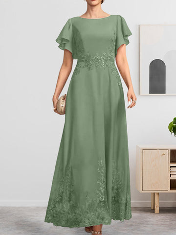 A-line Scoop Ankle-Length Lace Chiffon Mother of the Bride Dress With Sequins
