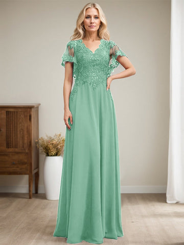 A-line V-Neck Floor-Length Lace Chiffon Mother of the Bride Dress With Sequins