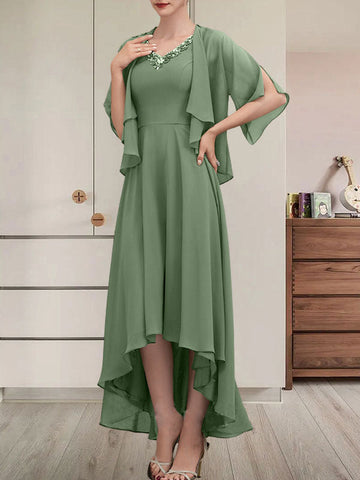 A-line V-Neck Asymmetrical Chiffon Mother of the Bride Dress With Beading Sequins