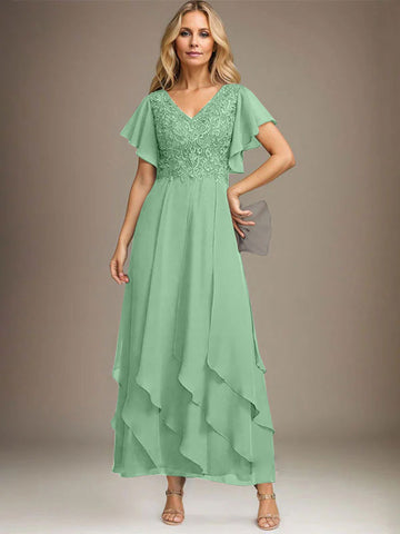 A-line V-Neck Ankle-Length Lace Chiffon Mother of the Bride Dress With Cascading Ruffles
