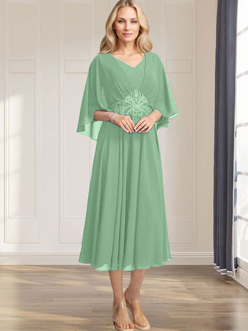 A-line V-Neck Tea-Length Chiffon Mother of the Bride Dress With Pleated Sequins Appliques Lace Beadind