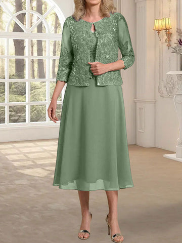 A-line Scoop Tea-Length Lace Chiffon Mother of the Bride Dress With Sequins