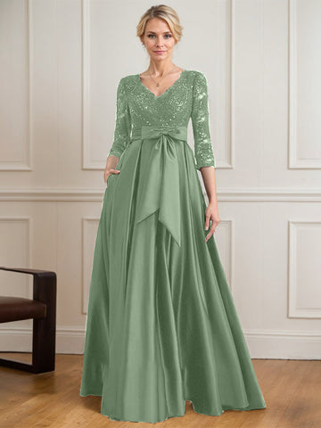 A-line V-Neck Floor-Length Satin Lace Mother of the Bride Dress With Sequins Bow