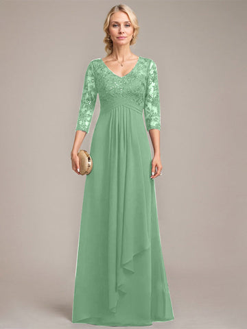 A-line V-Neck Floor-Length Lace Chiffon Mother of the Bride Dress With Cascading Ruffles Sequins