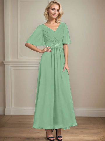 A-line V-Neck Ankle-Length Chiffon Mother of the Bride Dress With Pleated Beading Sequins