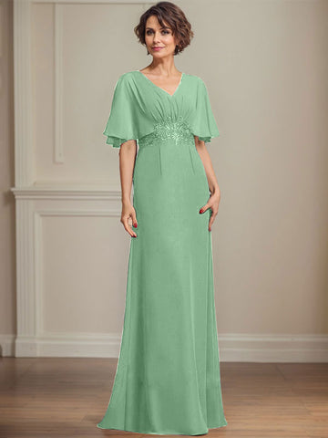 A-line V-Neck Floor-Length Chiffon Mother of the Bride Dress With Pleated Sequins Appliques Lace