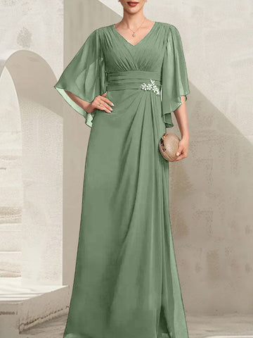 Sheath/Column V-Neck Floor-Length Chiffon Mother of the Bride Dress With Pleated Sequins Beading