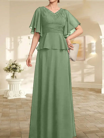 A-line V-Neck Floor-Length Chiffon Mother of the Bride Dress With Pleated Beading
