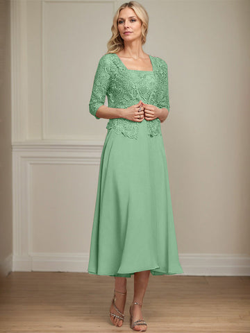 A-line Square Tea-Length Chiffon Lace Mother of the Bride Dress With Sequins Beading
