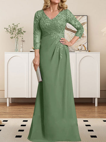 Sheath/Column V-Neck Illusion Floor-Length Lace Chiffon Mother of the Bride Dress With Pleated Sequins