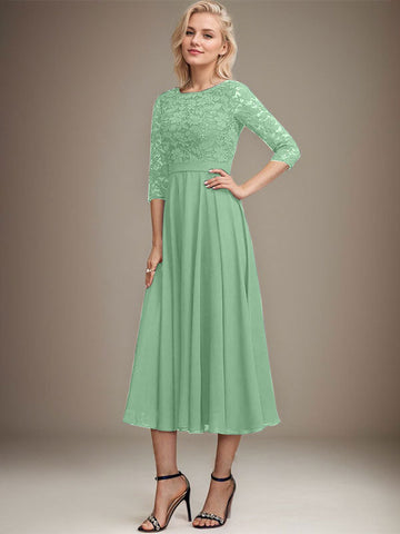 A-line Scoop Tea-Length Lace Chiffon Mother of the Bride Dress With Sequins