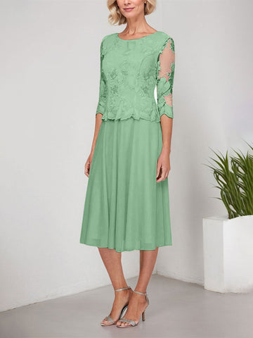 A-line Scoop Tea-Length Lace Chiffon Mother of the Bride Dress With Embroidery